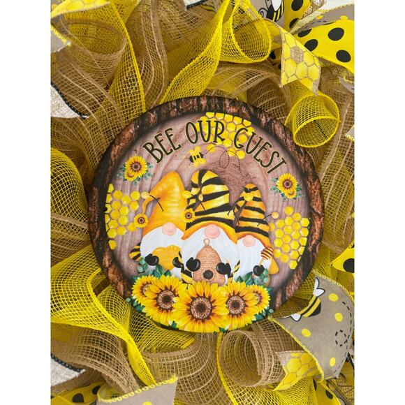 Bee Our Guest Sunflower Gnome Ribbon Deco Mesh Spring Summer Wreath, Door Hanger - Picture 3 of 7